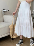 Spring Summer Women Chiffon Skirts Vintage High Waist Elastic Patchwork White Black Chic Long Cake A-line Skirt for Student LANFUBEISI