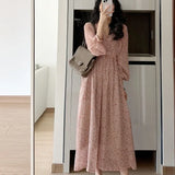 2024 New Style Women's Long Sleeve Pink Floral Dress Salty French Tea Matching Lightweight Spring Clothing LANFUBEISI