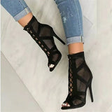 New Fashion Show Black Net Fabric Cross Strap Sexy High Heel Sandals Woman Shoes Pumps Lace-up Peep Toe Sandals Casual Mesh LANFUBEISI