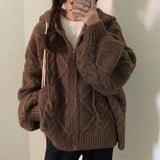 Vintage Brown Women Knitted Cardigan Autumn Winter Hooded Twist Sweater Woman Long Sleeve Zipper Crochet Outerwear V754 LANFUBEISI