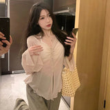 Xpqbb Autumn Thin Knit Cardigan Women Sexy See Through Single-Breasted V-Neck Sweater Korean Fashion Flare Sleeve Bottoming Tops LANFUBEISI