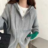 Gray Loose Hood Sweater Women Autumn Winter Fashion Korean Thickened Knitted Tops Double Zipper Hoodie Cardigan Female Y2K Coats LANFUBEISI