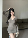 New Korean Mini Dress Women Sexy V Neck Sweater Fashion Elegant Bodycon Dresses Long Sleeve Pleated Robe Short Skirt Waist Solid LANFUBEISI