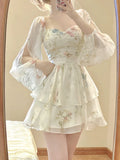French Elegant Floral Mini Dress Chiffon Long Sleeve Evening Party Dress Women Holiday Beach Boho Fairy Dress Korean 2023 Robes