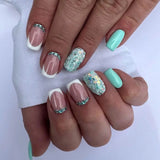 LANFUBEISI 24pc Square False Nails Small Flower White Lips Starbursts Rainbow Stripes French Fake Nails Full Cover Press on Nails Nail Tips