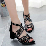 New Style Women Summer Rhinestone Hollow Out Faux Leather Thick Heel Zipper Sandals Shoes 2023 Sexy Plus Size Ladies Sandals LANFUBEISI
