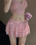 2024 Spring Summer Women Pink Sequin Multi Layered Ruffle Edge Ultra Short Skirt Sexy Spicy Girl Mid Rise Mini Skirts Clubwear LANFUBEISI