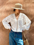 LANFUBEISI France Elegant Chic Shirt Blouse Floral Embroidery White Cotton Hollow Out Sexy Long Sleeve Women Holiday Ladies Tops