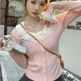 Sweet Lolita Long Sleeve T-shirts Women Kawaii Lace Ruffles Patchwork Slim Crop Tops Autumn Winter Korean Fashion Knitted Tees LANFUBEISI