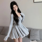 Sexy Korean Dress French Style Waist Closed Long Sleeve Collarbone Exposed Sweet LANFUBEISI
