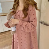 Heart Print Sleepwear Womens Korean Style Nightgown Ruffles Night Dress One Piece Pajamas Spring Long Sleeve Home Wear New In LANFUBEISI