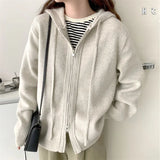 Gray Loose Hood Sweater Women Autumn Winter Fashion Korean Thickened Knitted Tops Double Zipper Hoodie Cardigan Female Y2K Coats LANFUBEISI