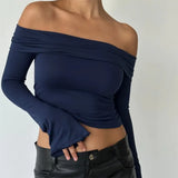 LANFUBEISI Women’s Off Shoulder Y2K Vintage Crop Tops Fashion Long Sleeve Solid Color Slim Fit Blouse T-Shirts Elegant Streetwear