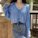 Y2k Women Cardigan Sweater Knitted Cropped Korean Short Long sleeve Crop Top V neck Fashion Clothe LANFUBEISI