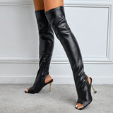 LANFUBEISI Spring Autumn Sexy Zip Metal Thin Heels Open Toe Leather Thigh High Over The Knee Boots Ladies Party Club Stripper Shoes Women