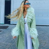 LANFUBEISI Y2K Faux Fur Collar Long Coat with Belt Leather Jackets Women Autumn Winter Warm Single Breasted Outerwear Green Elegant LANFUBEISI