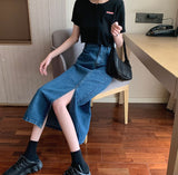 LANFUBEISI Summer Women Korean Style Fashion Long Jeans Midi Loose Skirts Dark Light Blue Split High Waist Denim Vintage Female Fall LANFUBEISI