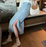 LANFUBEISI Summer Women Korean Style Fashion Long Jeans Midi Loose Skirts Dark Light Blue Split High Waist Denim Vintage Female Fall LANFUBEISI