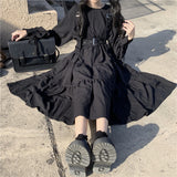 Japanese Harajuku Women Black Midi Dress Gothic Style Suspenders Bandage Dress Vintage Ruffles Long Baggy Cosplay Costume LANFUBEISI