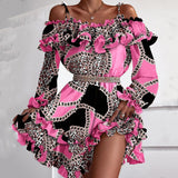 Sexy Off Shoulder Ruffle Mini Dresses Women Elegant Slash Neck Summer Beach Dress Casual Vintage Floral Print Ladies Party Dress LANFUBEISI