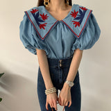 LANFUBEISI Vintage Ethnic Style Flower Embroidey Blouses Women Summer Lantern Sleeve Loose Denim Shirt Femme Tops Blusas