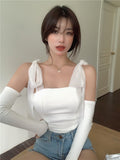 Sweet Girly Pink Camis Detachable Sleeve Bow Knitted Tank Tops Women Summer Fashion White Cropped Tops LANFUBEISI