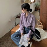 Shirts Women Pure Elegant Office Lady Simple Korean Style Leisure Long Sleeve Blouses Womens All-match Loose Daily Thin Chic New LANFUBEISI