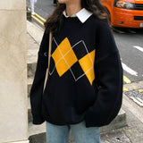 Knitted Sweater Women Argyle Oversize Sweaters Korean Pullovers Ladies Winter Loose Sweaters Female Casual Jumper Ropa De Mujer Lanfubeisi