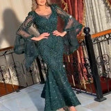 New Arrival Green Sexy Party Wear Dress Long Sleeve Mermaid Prom Dress Sequin Beaded Lace Evening Dress LANFUBEISI