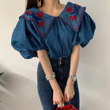 LANFUBEISI Vintage Ethnic Style Flower Embroidey Blouses Women 2020 Summer Lantern Sleeve Loose Denim Shirt Femme Tops Blusas LANFUBEISI