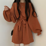 LANFUBEISI One Piece Dress Korean Chic Simple Orange Round Neck Pullover Loose Lace Up Waist Small Lantern Sleeve Knitted Dress Women LANFUBEISI