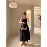 New Texture Jacquard Vintage Black Spaghetti Strap Square Collar A-Line Ankle-Length Dresses Women LANFUBEISI