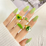 LANFUBEISI Vintage 6Pcs Green Embrace Hands Rings Set For Women Metal Paint Coating Creative INS Style Love Heart Ring Fashion Jewelry LANFUBEISI