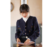 LANFUBEISI Japan Style Embroidey Flower Cardigan Women O Neck Single Breasted Knitted Tops Long Sleeve Casual Vintage Sweater LANFUBEISI