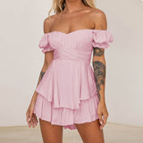 Solid Color Ruffle Women Rompers Sexy Off Shoulder Jumpsuit Female 2021 Summer Fashion Short Sleeve Women Rompers Bodysuit LANFUBEISI
