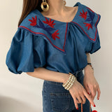 LANFUBEISI Vintage Ethnic Style Flower Embroidey Blouses Women 2020 Summer Lantern Sleeve Loose Denim Shirt Femme Tops Blusas LANFUBEISI