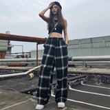 LANFUBEISI elastic waist plaid pants women high waist  wide leg Pants Casual female korean  jogger punk trousers women clothes gothic Lanfubeisi