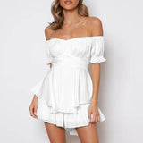 Solid Color Ruffle Women Rompers Sexy Off Shoulder Jumpsuit Female 2021 Summer Fashion Short Sleeve Women Rompers Bodysuit LANFUBEISI