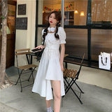 LANFUBEISI  Women's White Dress Autumn Elegant Vintage Kawaii Puff Sleeve Midi Dress Square Collar Bandage Sundress Goth Outfits LANFUBEISI