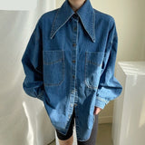 LANFUBEISI Female Denim Shirt Autumn Korean Retro Chic Pointed Collar Single-Breasted Loose Large Pockets Washed Blue Blouses