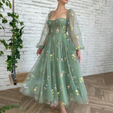 LANFUBEISI Green Prom Dresses Summer Puff Sleeve Tulle Tea Length A-Line Party Dress Sexy Appliques Wedding Evening Gowns