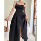 New Texture Jacquard Vintage Black Spaghetti Strap Square Collar A-Line Ankle-Length Dresses Women LANFUBEISI