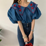 LANFUBEISI Vintage Ethnic Style Flower Embroidey Blouses Women 2020 Summer Lantern Sleeve Loose Denim Shirt Femme Tops Blusas LANFUBEISI