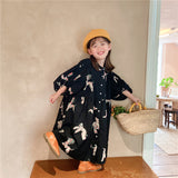 LANFUBEISI  Spring autumn kids colorful pony printing oversized long dress for girls cotton loose puff sleeve high quality dresses LANFUBEISI