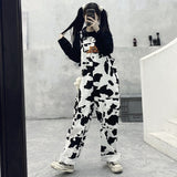 Street Hip-hop Harajuku Girl Cow Print Oneies For Women Black White Plaid Overalls Casual Jumpsuit Trousers Baggy Pants LANFUBEISI