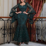 New Arrival Green Sexy Party Wear Dress Long Sleeve Mermaid Prom Dress Sequin Beaded Lace Evening Dress LANFUBEISI