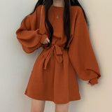 LANFUBEISI One Piece Dress Korean Chic Simple Orange Round Neck Pullover Loose Lace Up Waist Small Lantern Sleeve Knitted Dress Women LANFUBEISI