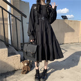 Japanese Harajuku Women Black Midi Dress Gothic Style Suspenders Bandage Dress Vintage Ruffles Long Baggy Cosplay Costume LANFUBEISI