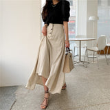 New Vintage Elastic Waist Buttons Irregular Chic Cotton and Linen Split Spring Summer Women's Long Skirts LANFUBEISI