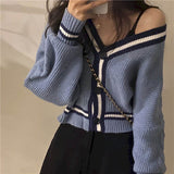 LANFUBEISI Slim sweater Autumn Korean version 2020 new loose short short small color matching V-neck lazy long-sleeved sweater coat women LANFUBEISI